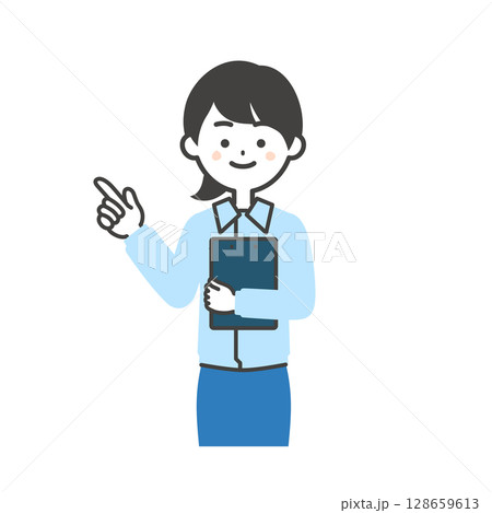 資料を抱えて指を指すスーツの上に作業服を着た女性のイラスト 資料を抱えて指を指すスーツの上に作業服を着た女性のイラスト 128659613