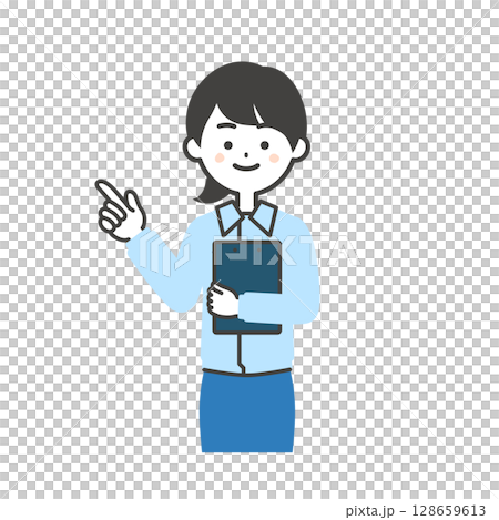 資料を抱えて指を指すスーツの上に作業服を着た女性のイラスト 資料を抱えて指を指すスーツの上に作業服を着た女性のイラスト 128659613