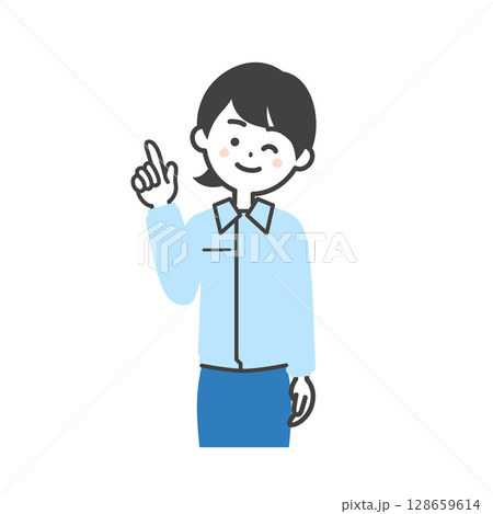 指を立ててウインクするスーツの上に作業服を着た女性のイラスト 指を立ててウインクするスーツの上に作業服を着た女性のイラスト 128659614