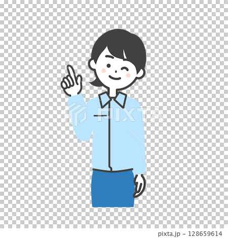 指を立ててウインクするスーツの上に作業服を着た女性のイラスト 指を立ててウインクするスーツの上に作業服を着た女性のイラスト 128659614