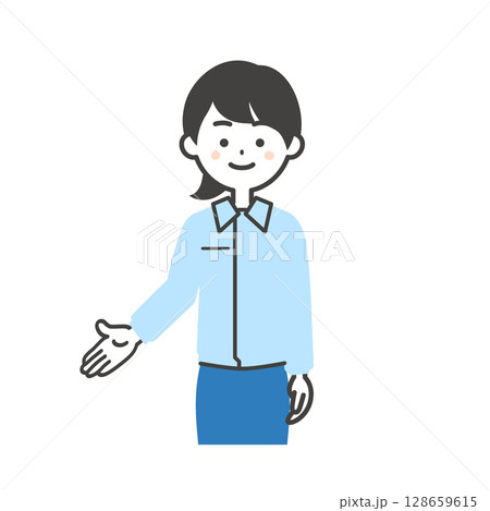 下方向を手で指すスーツの上に作業服を着た女性のイラスト 下方向を手で指すスーツの上に作業服を着た女性のイラスト 128659615