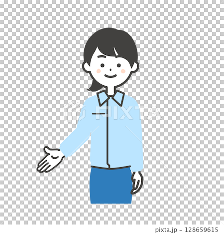 下方向を手で指すスーツの上に作業服を着た女性のイラスト 下方向を手で指すスーツの上に作業服を着た女性のイラスト 128659615