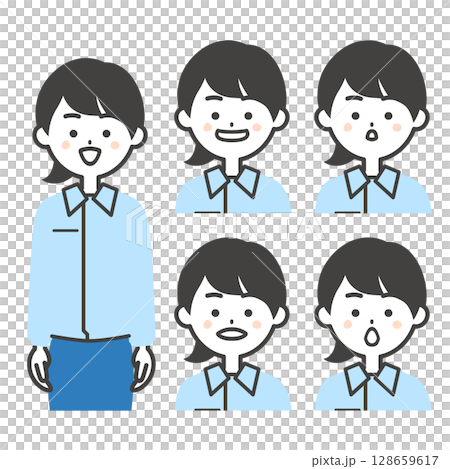 一位身穿工作服、嘴巴形狀像字母的女性的插圖 128659617