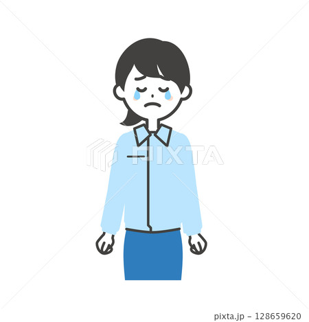 涙を流すスーツの上に作業服を着た女性のイラスト 涙を流すスーツの上に作業服を着た女性のイラスト 128659620