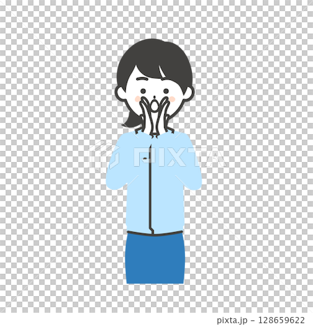 一名婦女穿著工作服和西裝，雙手摀住嘴巴大聲喊叫的插圖 128659622