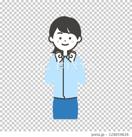 一位女士穿著工作服和西裝，雙手緊握在身前 128659626