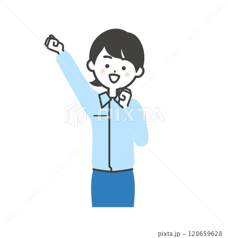 こぶしを突き上げるスーツの上に作業服を着た女性のイラスト 128659628