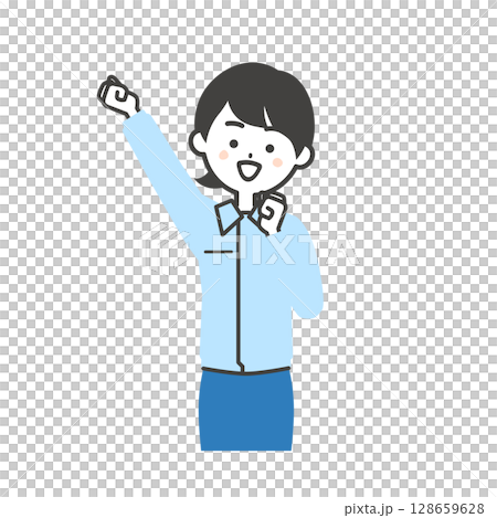 Illustration of a woman wearing work clothes over a suit raising her fist 128659628