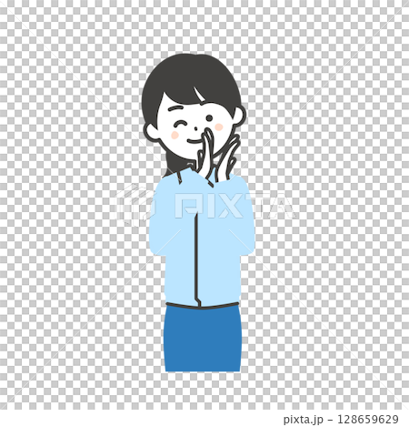 一位女士穿著工作服和西裝,一邊鼓掌一邊眨眼的插圖 一位女士穿著工作服和西裝,一邊鼓掌一邊眨眼的插圖 128659629