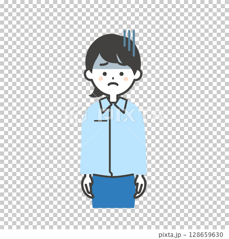 一位女士穿著工作服和西裝，表情陰鬱的插圖 128659630
