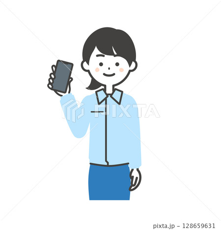 スマホを持つスーツの上に作業服を着た女性のイラスト 128659631