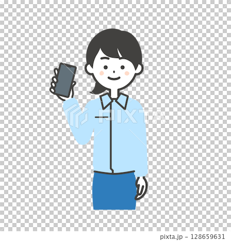 身穿工作服和西裝的女性手持智慧型手機的插圖 128659631