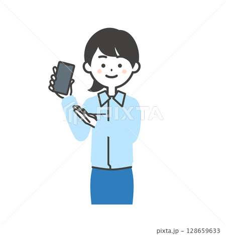 手に持ったスマホを指すスーツの上に作業服を着た女性のイラスト 手に持ったスマホを指すスーツの上に作業服を着た女性のイラスト 128659633