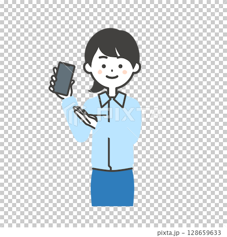 一位女士穿著工作服和西裝，指著手中的智慧型手機的插圖 128659633