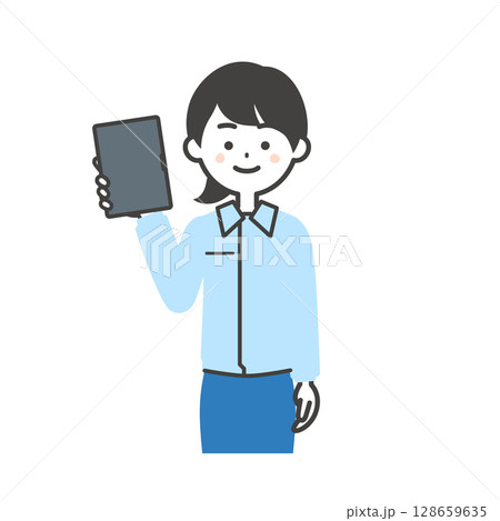 タブレット端末を持つスーツの上に作業服を着た女性のイラスト タブレット端末を持つスーツの上に作業服を着た女性のイラスト 128659635