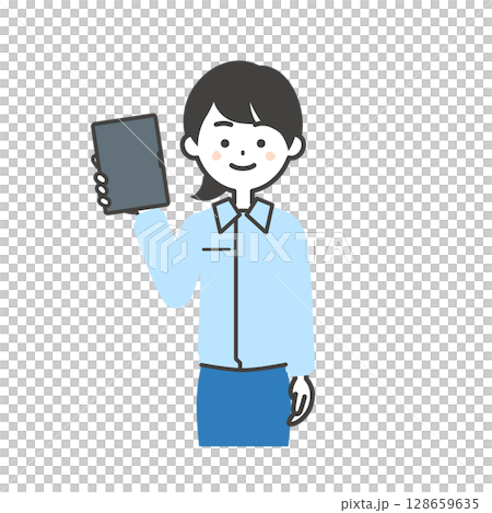 タブレット端末を持つスーツの上に作業服を着た女性のイラスト タブレット端末を持つスーツの上に作業服を着た女性のイラスト 128659635