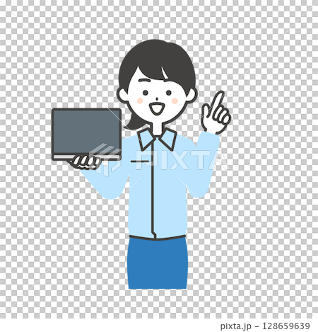 圖:一位女士穿著工作服和西裝,手裡拿著筆記型電腦,指著上方 圖:一位女士穿著工作服和西裝,手裡拿著筆記型電腦,指著上方 128659639