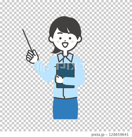 Illustration of a woman wearing work clothes over a suit holding a document and pointing with a pointer 128659641