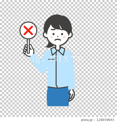 一名女子穿著工作服和西裝，手裡拿著一張錯誤的答案卡的插圖 128659643
