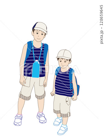 夏休み水筒持ってお出かけ兄弟 128659645