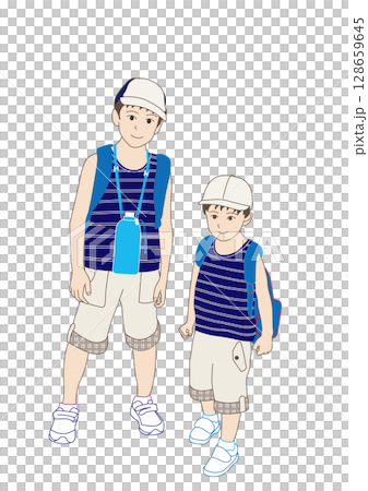 夏休み水筒持ってお出かけ兄弟 128659645