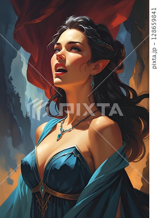 セクシーなドレスの美しい女性・ファンタジーTRPGキャラシート用ポートレートイラスト 128659841