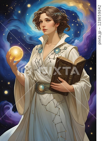 本と光るオーブを持った幻想的な女性・ファンタジーTRPGキャラシート用ポートレートイラスト 128659842
