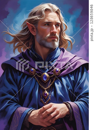 エルフ族の男性魔法使い・ファンタジーTRPGキャラシート用ポートレートイラスト 128659846