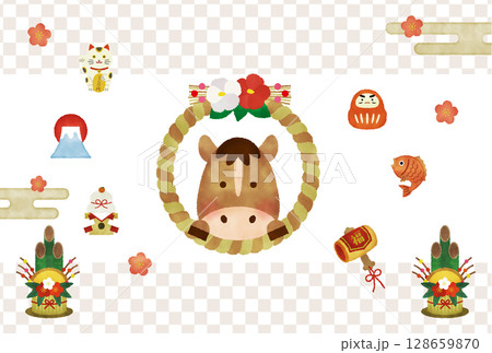 水彩風　2026年 午年 年賀状イラスト｜かわいい馬としめ縄・縁起物の正月デザイン 128659870