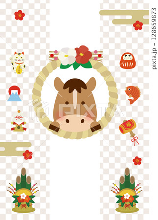 2026年 午年 年賀状イラスト｜かわいい馬としめ縄・縁起物の正月デザイン 128659873