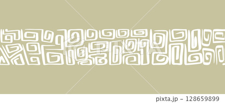 tribal abstract geometric pattern border featuring hand drawn spiral and square shapes in white on a beige background. tribal abstract geometric pattern border featuring hand drawn spiral and square shapes in white on a beige background. 128659899