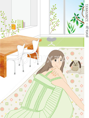 リビングで犬とくつろぐ女の子 128659931