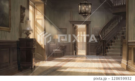 アンティーク階段とヴィンテージ家具がある洋館の玄関ホール 128659932