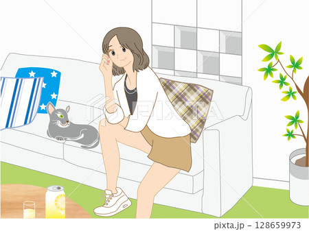 リビングで猫とくつろぐ女の子 128659973
