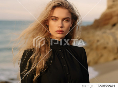Fashion portrait of beautiful blond woman on beach wearing black designer dress.Macro.AI Generative 128659984