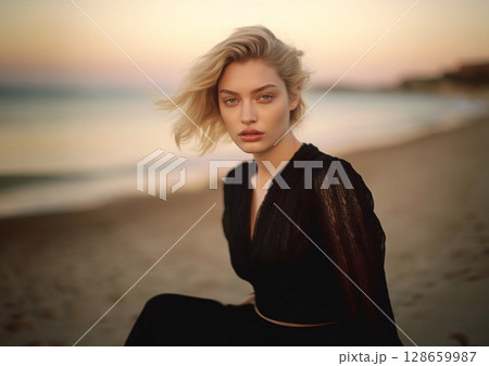 Beautiful woman model wearing black fashion designer dress on the beach.Macro.AI Generative 128659987
