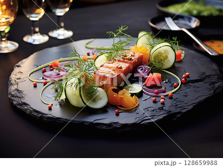 Seafood and healthy vegetables on black plate in fine dining restaurant.Macro.AI Generative. 128659988