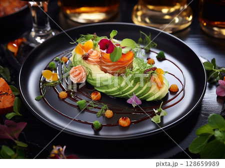 Seafood and healthy vegetables on black plate in fine dining restaurant.Macro.AI Generative. 128659989
