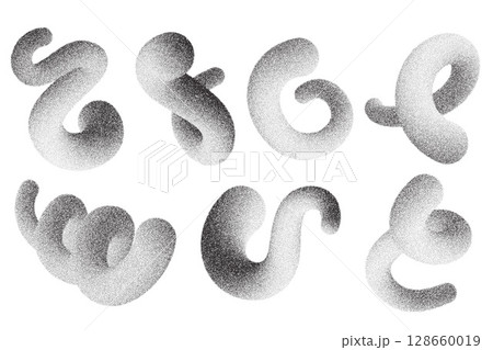 Abstract line shapes on white background. 3D wavy elements with noisy fluid effect. Vector grainy spirals with gradient stipple sand texture. Trendy twisted dynamic grunge objects. 128660019