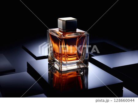 Bottle of luxury fragrance perfume for men on flat mirror plates and black background.AI Generative. 128660044