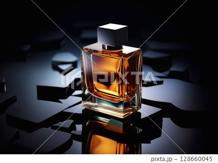 Bottle of luxury fragrance perfume for men on flat mirror plates and black background.AI Generative. 128660045