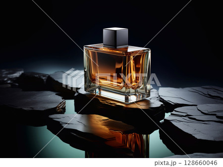 Glass bottle of luxury fragrance perfume for men on stone plates and black background.AI Generative. Glass bottle of luxury fragrance perfume for men on stone plates and black background.AI Generative. 128660046