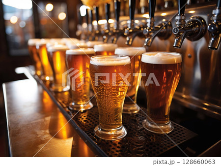 Glass of lager draught beer standing on bar counter.Macro.AI Generative 128660063