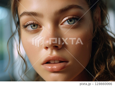 Close up face of young beautiful woman with soft skin and large eyelashes.Macro.AI Generative 128660066