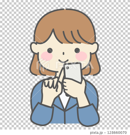 Illustration of a smiling woman enjoying using a smartphone | Woman, smartphone, smile, operation, pointing, communication, check Illustration of a smiling woman enjoying using a smartphone | Woman, smartphone, smile, operation, pointing, communication, check 128660070