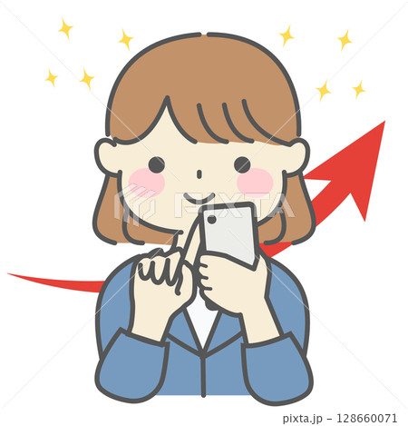 スマホ操作で成果を得て満足げな女性のイラスト|女性,スマホ,笑顔,成功,上昇,キラキラ スマホ操作で成果を得て満足げな女性のイラスト|女性,スマホ,笑顔,成功,上昇,キラキラ 128660071