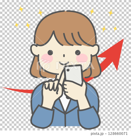 スマホ操作で成果を得て満足げな女性のイラスト|女性,スマホ,笑顔,成功,上昇,キラキラ スマホ操作で成果を得て満足げな女性のイラスト|女性,スマホ,笑顔,成功,上昇,キラキラ 128660071