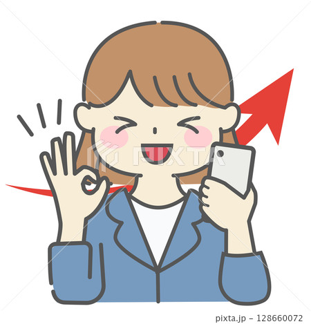 スマホ操作で成果を得て満足げな女性のイラスト|女性,スマホ,笑顔,成功,上昇,キラキラ スマホ操作で成果を得て満足げな女性のイラスト|女性,スマホ,笑顔,成功,上昇,キラキラ 128660072