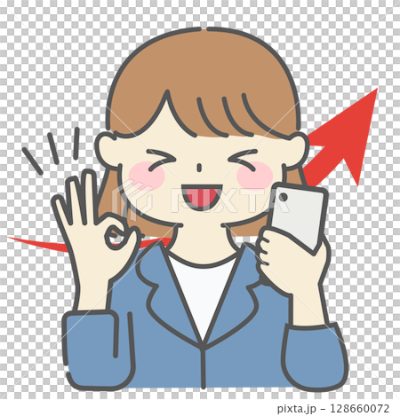 スマホ操作で成果を得て満足げな女性のイラスト|女性,スマホ,笑顔,成功,上昇,キラキラ スマホ操作で成果を得て満足げな女性のイラスト|女性,スマホ,笑顔,成功,上昇,キラキラ 128660072