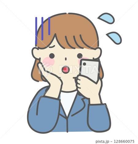 スマホを片手に困っている女性のイラスト スマホを片手に困っている女性のイラスト 128660075